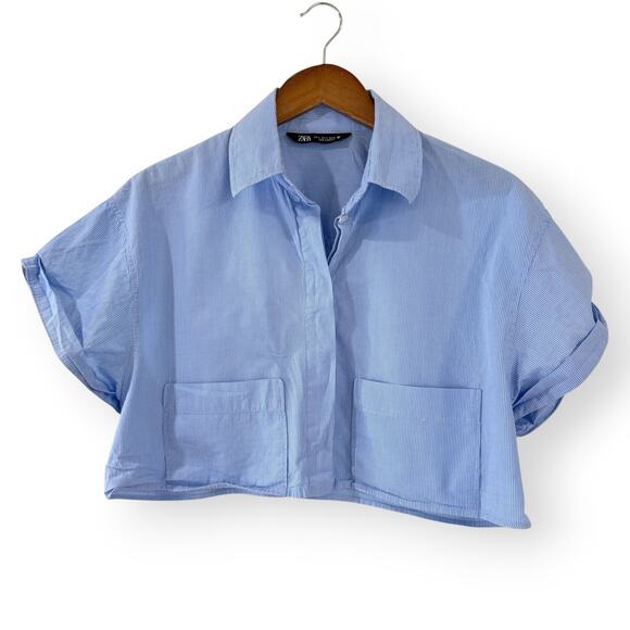 Zara Striped Poplin Cropped Shirt Short Sleeve Womens Size S Blue White Pockets - Picture 1 of 7